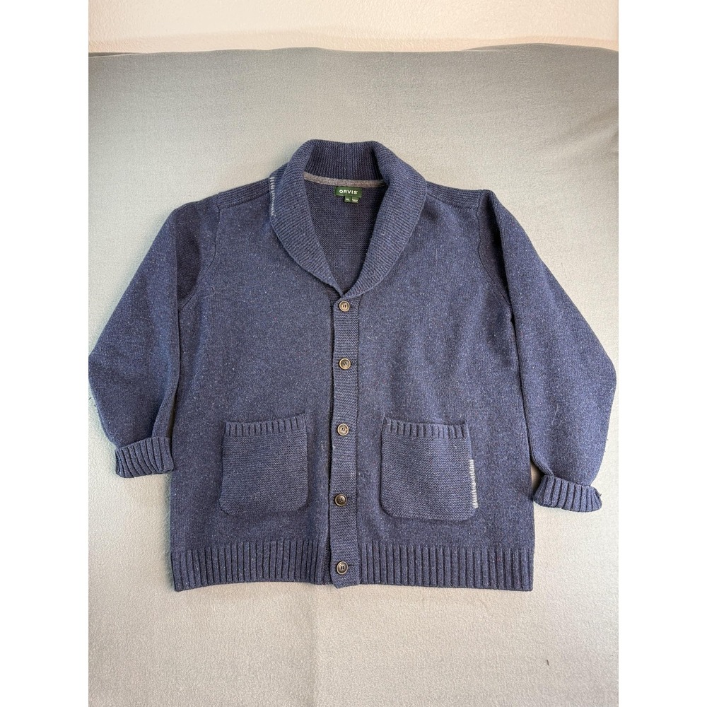 Orvis Sweater Mens XL Blue Merino Wool Shawl Collar Cardigan Button Pockets